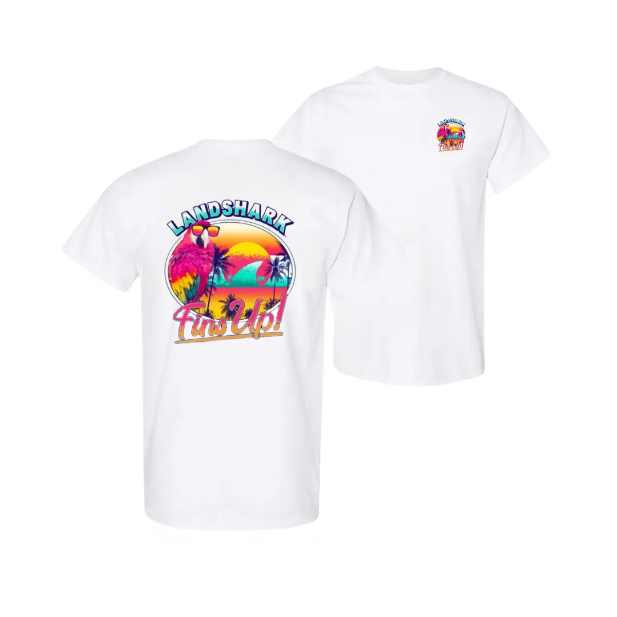 Landshark Fins Up T shirt, Tropical Sunset Graphic T shirt, Soft Cotton Blend T shirt, Unisex 2 sides Front & Back Print, Beach Party Beer Lover Apparel for Men & Women, Summer Gift