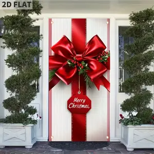 1 Count 2D FLAT Merry Christmas Bow Welcome Banner, 180x90cm Flag Banner Polyester Striped Front Door Porch Decoration Party Decoration Welcome Home Decoration, Winter Party Accessory | Holiday themed Decor | Quality Festive Print