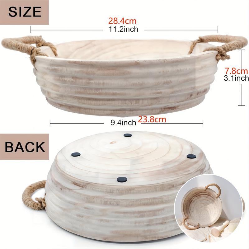 11.2 Inch Wooden Decorative Bowl, Paulownia Wood Dough Bowl with Rope Handle, Rustic Key Bowl for Entrance Table, Tableware Tray, Naturewood Table Centerpieces Bowl for Home Boho Decoration and Garden Accessories.
