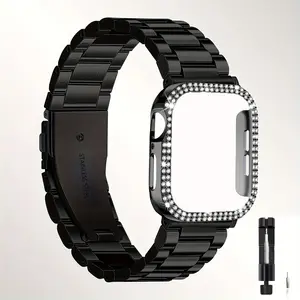Metal Watch Band & Protective Case Combo For Apple Watch Series 11 10 Ultra3 Ultra SE3 SE 9 8 7 6 5 4 Replacement Business Stainless Steel Watch Strap + Charming Rhinestone Cover Case For iWatch 46mm 49mm 45mm 44mm 42mm 41mm 40mm Wristband with Tool