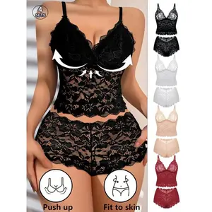 4 Pack Sexy Lace Bra Set, Wireless Push Up Floral Pattern, Comfortable Breathable Unlined Underwear, All Seasons Wear