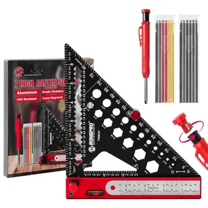 8 in 1 Rafter Square with Carpenter Pencil, Multi-Purpose Carpenter Square Tools: Square, Protractor, Steel Ruler, MarkingGauge, T-Bevel Gauge, Bubble Level