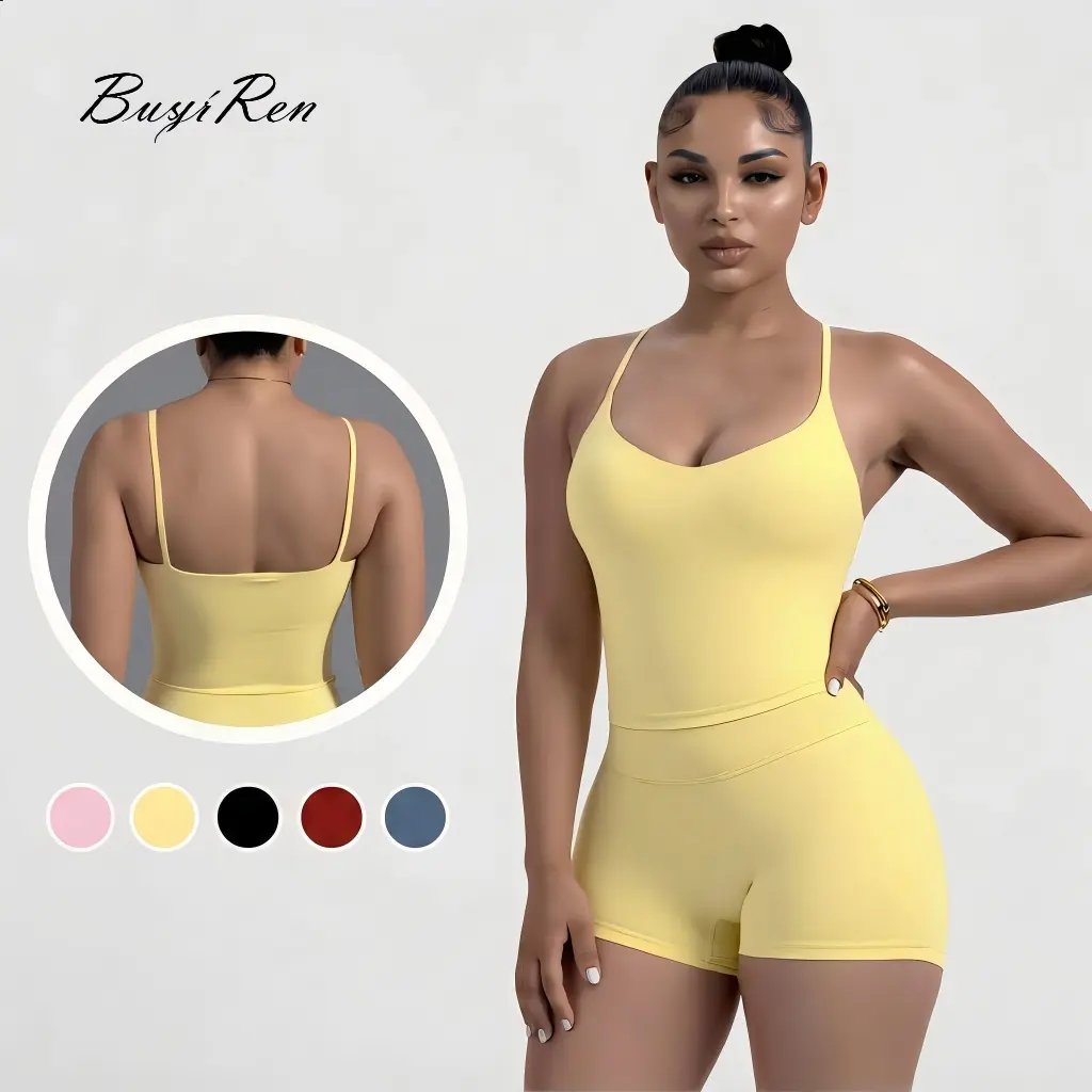 Women's 2 Piece Yoga Set – Spaghetti Strap Top + High Waisted Shorts. High Elasticity Shaping Gym Outfits for Workout, Cycling, or Casual Streetwear