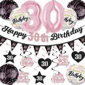 30th Birthday Decorations Set, & Glitter Banner, 30 Number Foil Balloons, Hanging Swirls & Pennant Bunting, Party Supplies