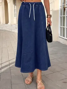 Women's Casual Midi Skirt, Loose-Fitting Drawstring Denim Skirt, All-Seasons Daily Wear, Perfect for Outing and Commuting