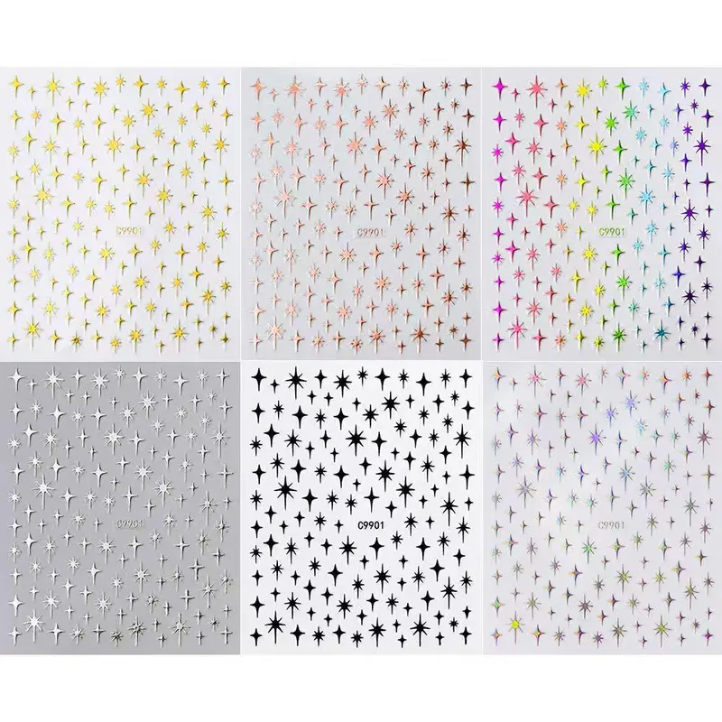 Star Pattern Nail Art Sticker, Manicure Nail Art 6 Counts/set Laser Iridescent Glitter Nail Decoration Sticker, DIY Nail Art Decals for Women & Girls