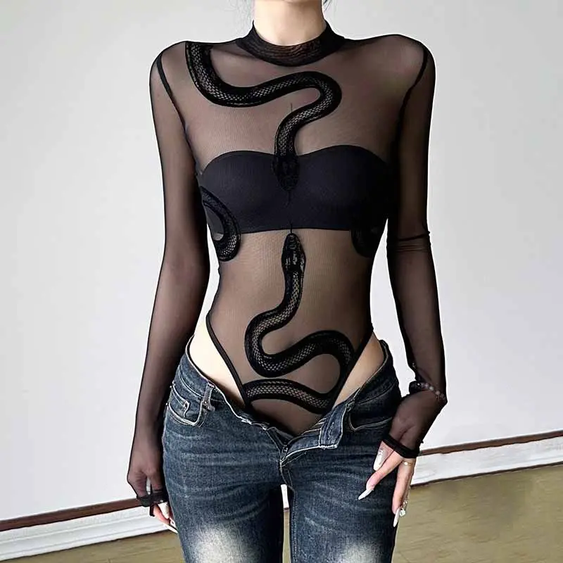 Sexy Sheer Snake Print Crew Neck Mesh Bodysuit