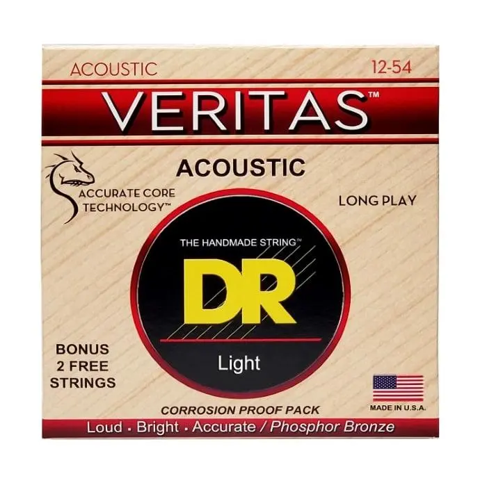 DR Strings Veritas Phosphor Bronze Steel Acoustic Guitar Strings - 12-54 Gauge, Coated Core Technology, Corrosion Proof, Bright Tone, Easy Tuning, Natural Feel, Increased Output