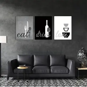 Set Of 3  Canvas "Eat, Drink, Love" kitchen wall decoration. Printed Posters, 2D Flat, Canvas Wall Art, Suitable For Wall Decoration In Living Rooms, Bedrooms, Bathrooms, Corridors And Kitchens