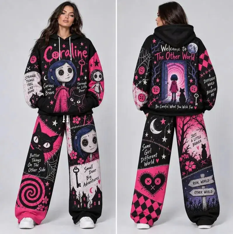Unisex Spooky Graphic Hoodie and Sweatpants Set, Gothic Cartoon Halloween Tracksuit, Oversized Horror-Inspired Two-Piece Streetwear Outfit