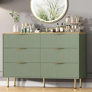 Green 6-Drawer Fluted Dresser with Gold Handles, Natural Wood Material, Modern Bedroom Furniture Storage Organizer for Closet, Living Room, Six-Drawer Capacity