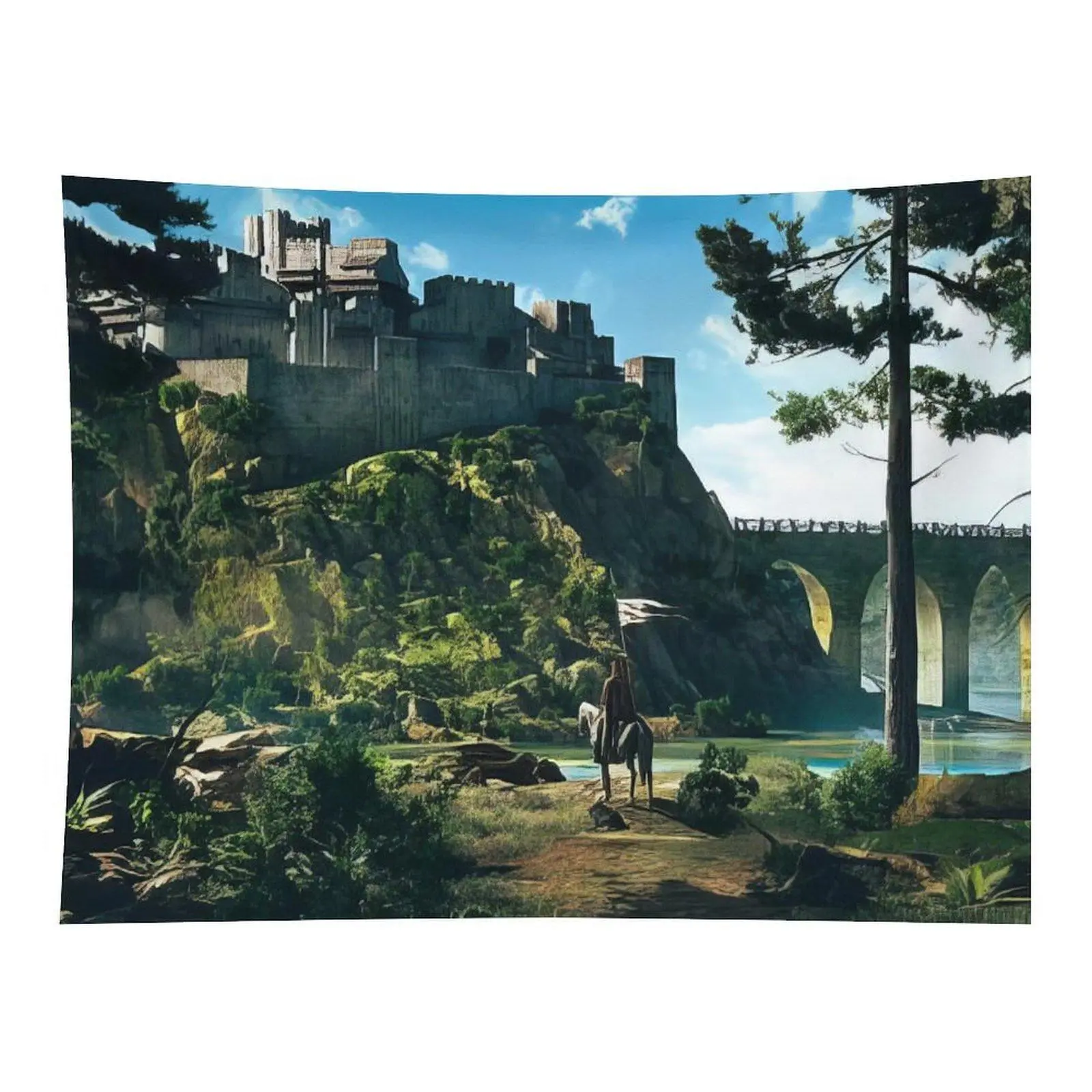 Epic Medieval Castle Landscape Wall Tapestry Lone Rider Before Ancient Fortress Scenic Nature View Vintage Fantasy Art For Bedroom Dorm Room Wall Decoration