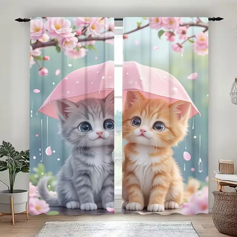 Cute Cat and Cherry Blossom Print Curtains, Easy to Hang Rod Pocket Design, Polyester, Perfect for Living Room Bedroom Office Kitchen Cafe Decor