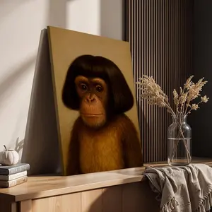 A humorous chimpanzee portrait, framed in wood and decorated with canvas, this retro-style monkey wall art is suitable for decorating living rooms, bedrooms, and children's rooms.
