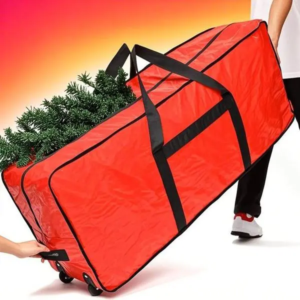 Large Christmas Tree Storage Container Organiser for 9 ft Artificial Trees - Zippered Holiday Box with Reinforced Handles, Wheels, Durable Red Build, Fits Up to 60" Sections, Easy Transport, Compact Design