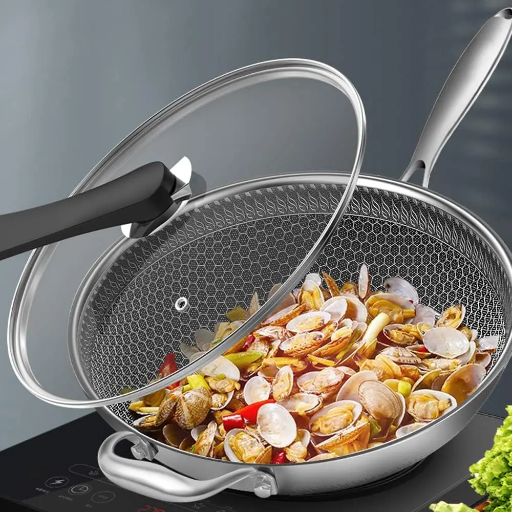 13In Coated Steel Wok Pan with Sturdy Black Lid & Handle, Double-Sided Honeycomb Non-Stick Flat Bottom Fry Pan, Compatible with Induction, Ceramic, Electric & Gas Cooktops, Coated Steel Pans & Woks