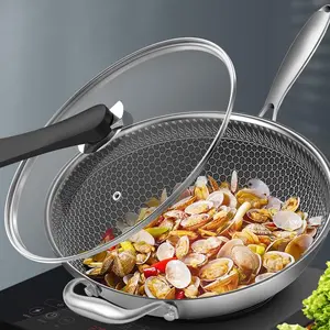 13Inch Non Stick Stainless Steel Wok Pan with Lid and Handle, Double Sided Screen Honeycomb Kitchen Flat Bottom Fry Pan, Works with Induction, Ceramic, Electric, and Gas Cooktops Glass Cookware Cover Sturdy Black
