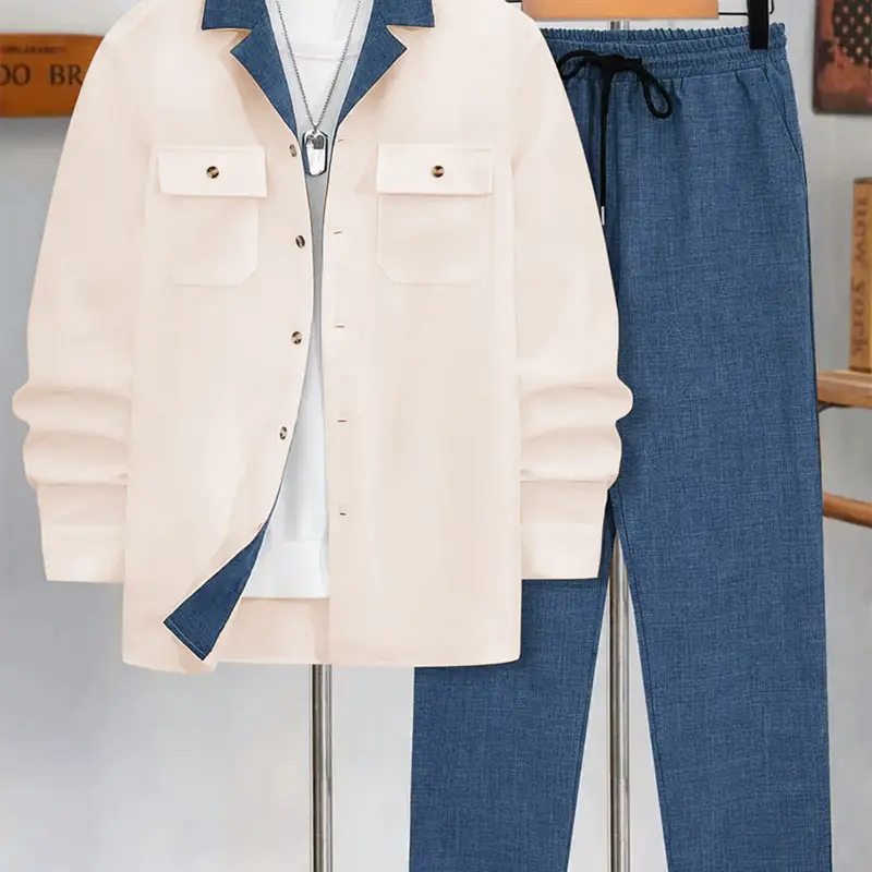Men's 2 Piece Lounger Button Up Long Sleeve Shirt Matching Pants Trouser Loungewear Casual Fitted Fashion Style Suitable for Outdoor Wear, Beach Vacation, Travel and Other Outdoor Activities Two piece loungewear