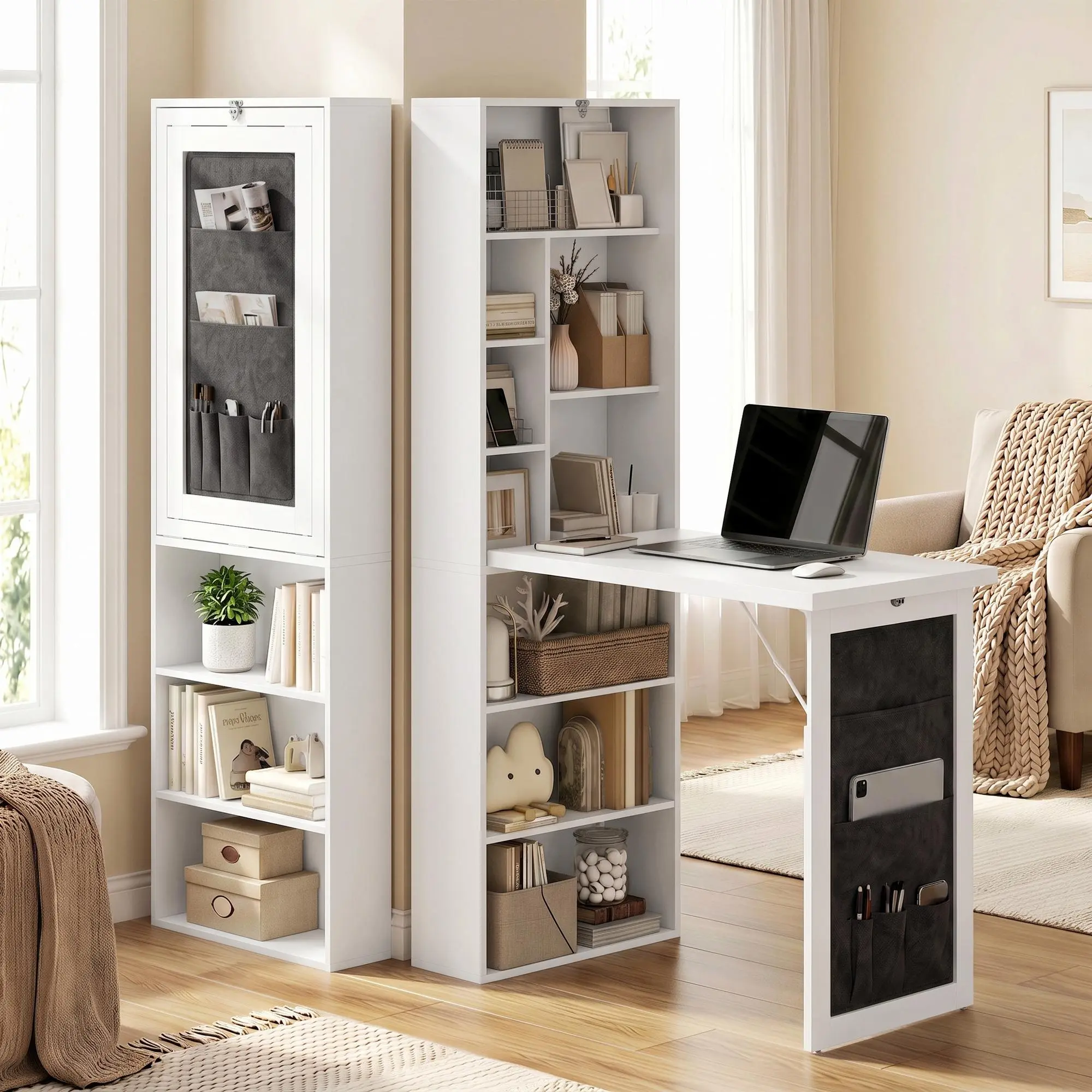 Foldable Convertible Writing Table with Storage Shelves and Bag in White, Wall Mounted Space Saving Computer Desk for Small Apartments, Folding Desk with Multi-Function Design for Home Office Use