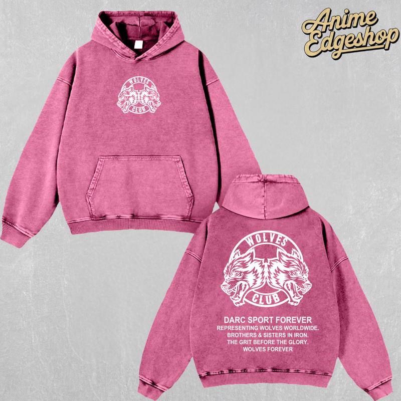 Wolves Club Darc Sport Washed Hoodie & T-Shirt | Heavyweight Vintage Streetwear, Retro Wolf Gym Graphic Tee, Brotherhood Iron Family Gift for Fitness & Hiphop Fans Menswear Thick Tops