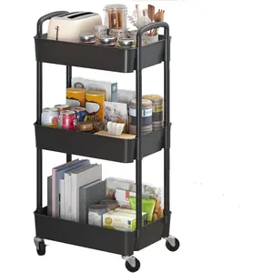 3-Tier Plastic Rolling Utility Cart with Handle, Multi-Functional Storage Trolley for Office, Living Room, Kitchen, Movable Storage Organizer with Wheels, Black