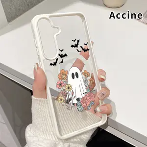 Magnetic Phone Case Compatible Compatible with Galaxy S23 Ultra S24 Plus S25 S22+ FE Ghost's Flower Companion Clear Acrylic Hard Back Soft TPU Edge Non-Yellowing Protective Cover for Girl