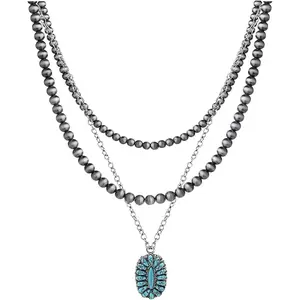 Layered Navajo Pearls Necklace with Western Pendant Necklaces for Women Retro Tribe Western Fashion Accessories