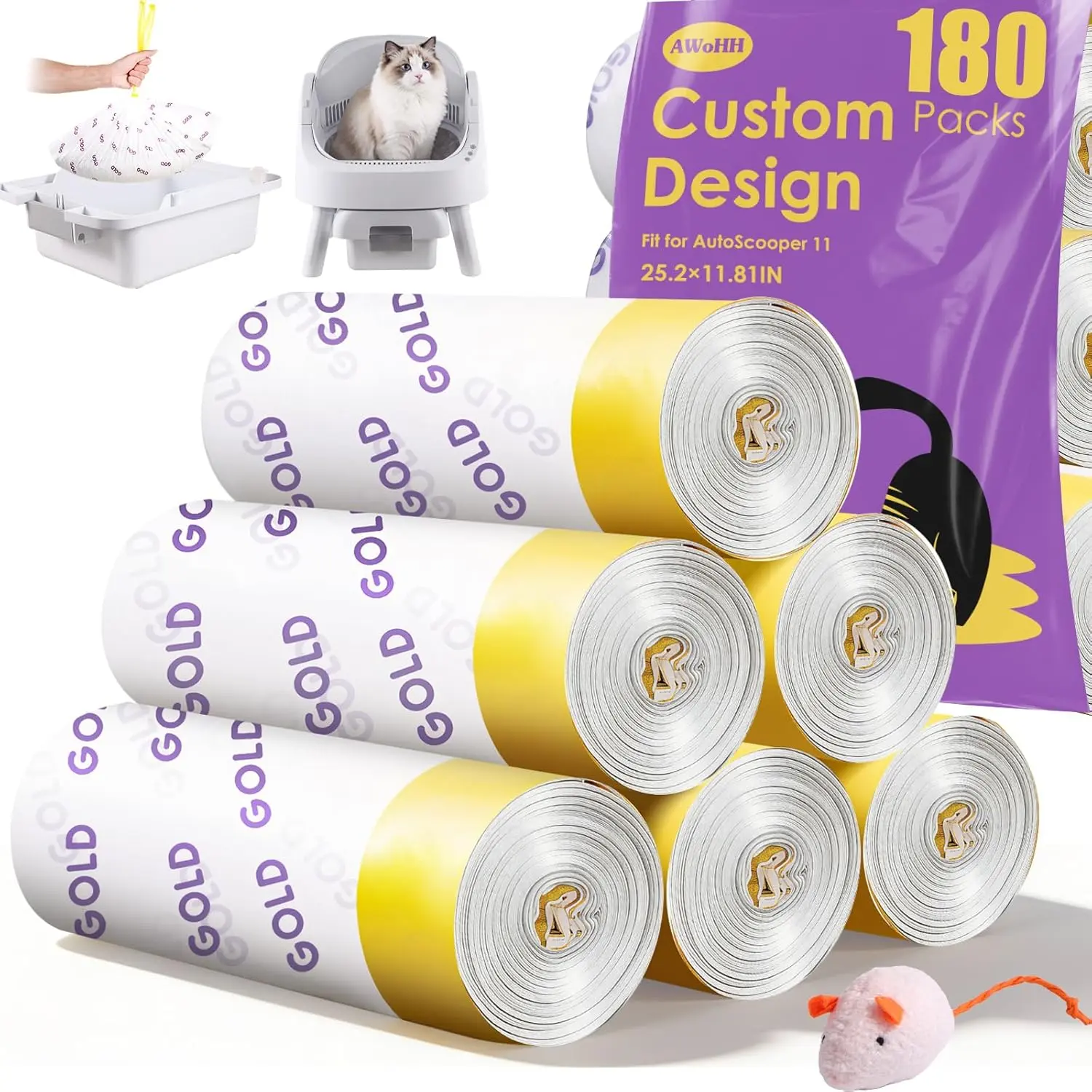180 Count Automatic Cat Litter Box Bags for Pet Pivot AutoScooper 11/12 Open-Top Self-Cleaning Cat Litter Box, Heavy Duty Leak-Proof, Drawstring Design, Unscented, 25.19" x 11.8"