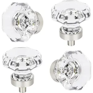 Crystal Drawer Pulls and Knobs 4 PCS,Brushed Nickel Glass Knobs for Cabinets and Dresser,Bathroom Kitchen Cabinet knobs,Octagon