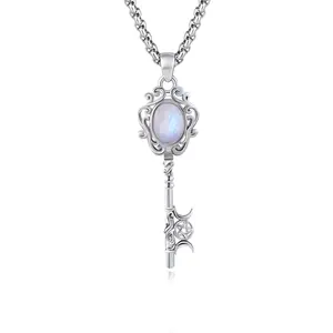 IXLUCK  Natural Moonstone Key Necklace Triple Moon Goddess Key Jewelry for Women