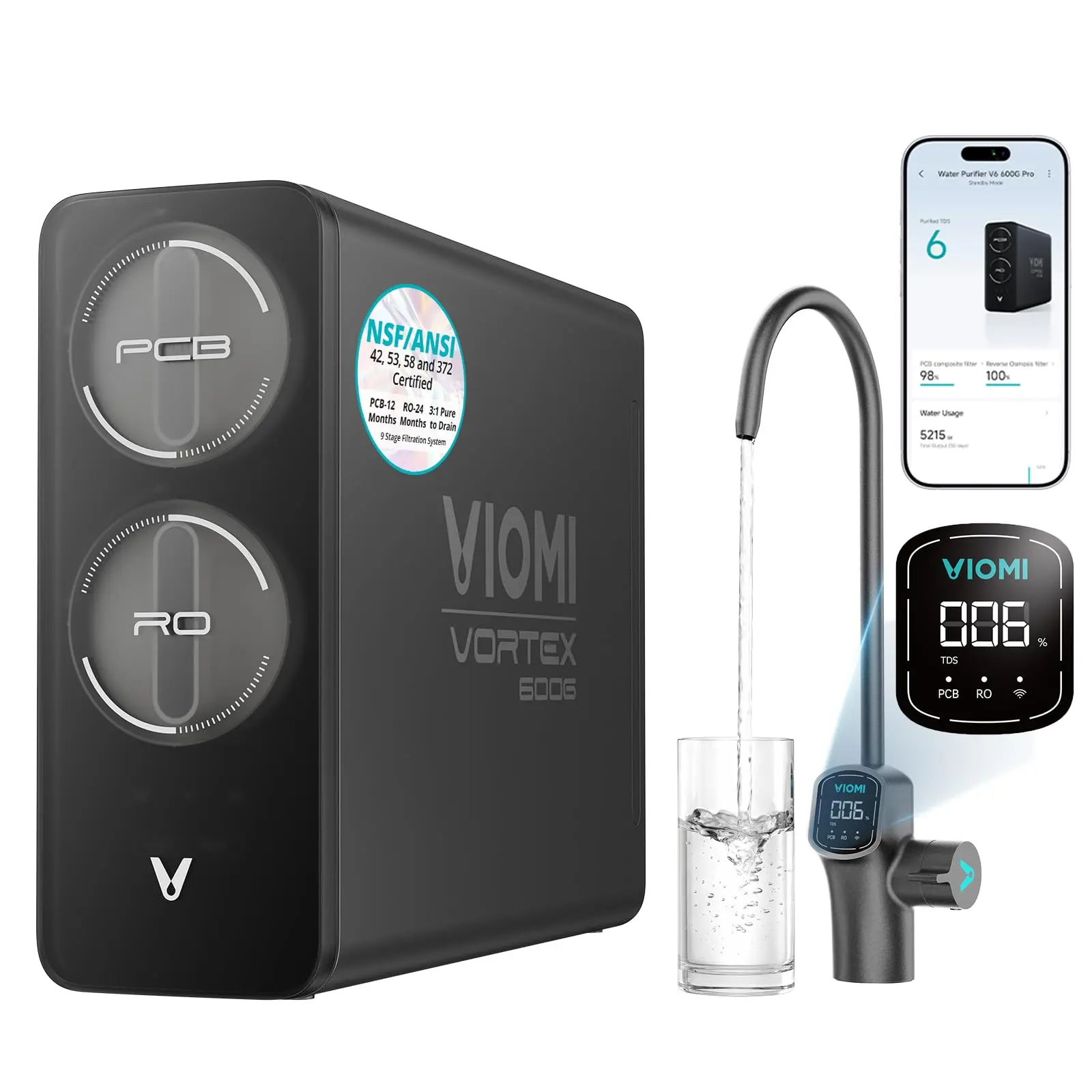 VIOMI V6 PRO 600GPD Under-sink Reverse Osmosis Water Filtration System | 9-Stage RO Filter, Tankless, NSF/ANSI 42, 53, 58, & 372 Certified, 3:1 Pure-to-Drain, Reduces TDS/PFAS, Smart LED Faucet, APP