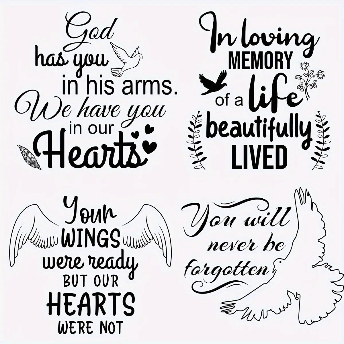 in Loving Memory DTF Transfer Stickers, 6 Counts/set Washable & Easy-to-apply Heat Transfer Decals with Peace Doves, Floral Designs, Craft and Heart for DIY T-shirts, Masks, Jeans, Backpacks
