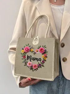 Best Mom Print Handbag, Gift for Mom Friend Sister, Fun Mother's Day Letter Pattern Storage Bag, Linen Shopping Bag, Foldable Makeup Bag