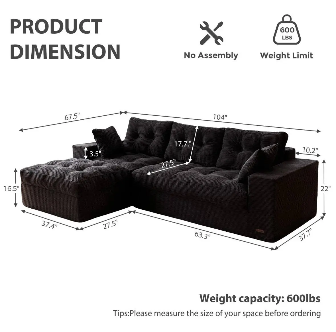 MAXYOYO Sectional Sofa,Cloud Modular Couch with Convertible Left/Right Ottoman