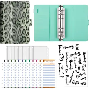 A6 Budget Binder with Zipper Envelopes,  Organizer for  with 12 count Expense Budget Sheet & Stickers,  Envelopes for Budgeting and Saving (Leopard Print Green)
