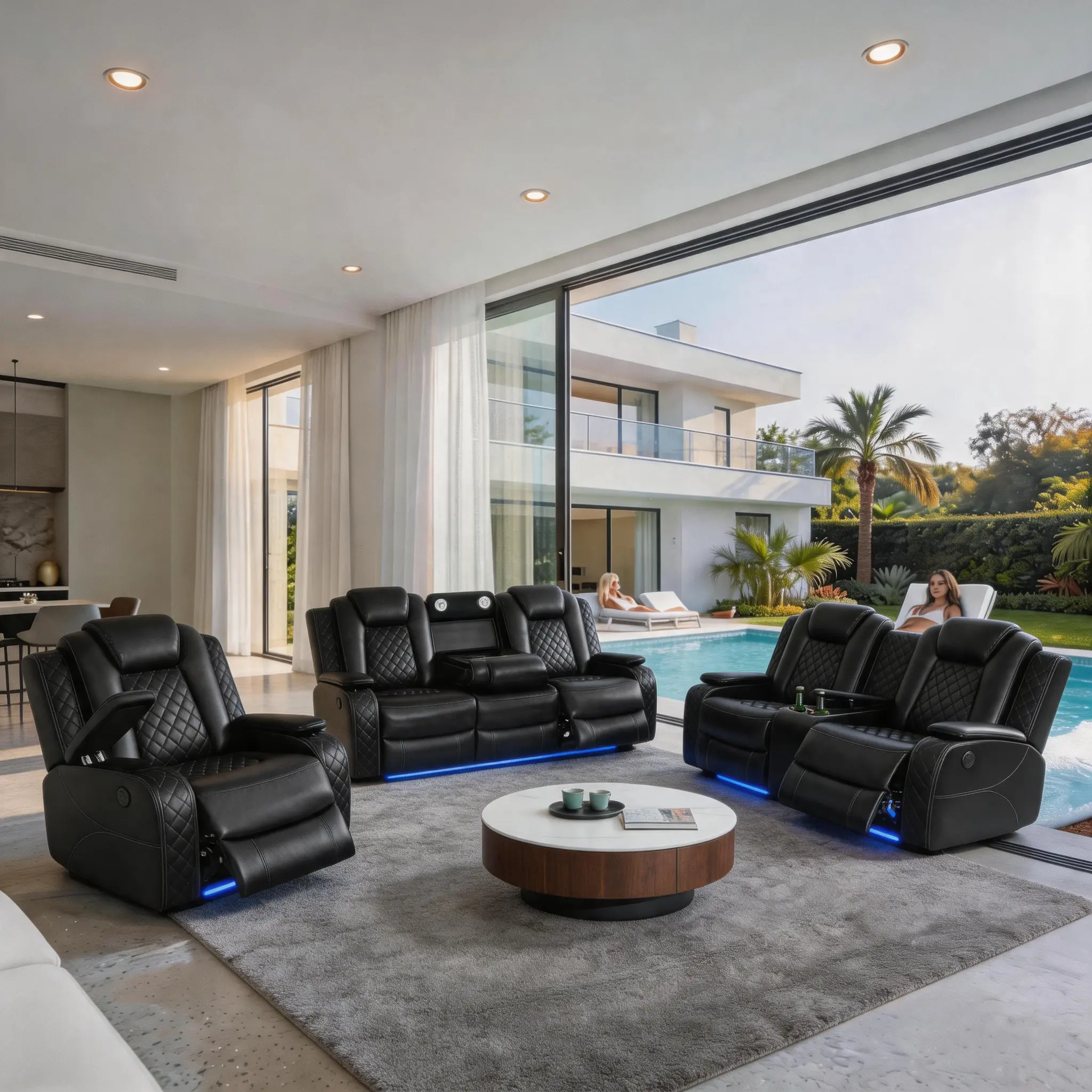 Ainehome Modern LED Black Leather Breathing Electric Recliner 3-Piece Sofa Set, Living Room Couch with Adjustable Backrest, Storage, Ambient LED Lighting, Wireless Chargers & Colorful Happiness Vibe Furniture Conversation Sofa Set