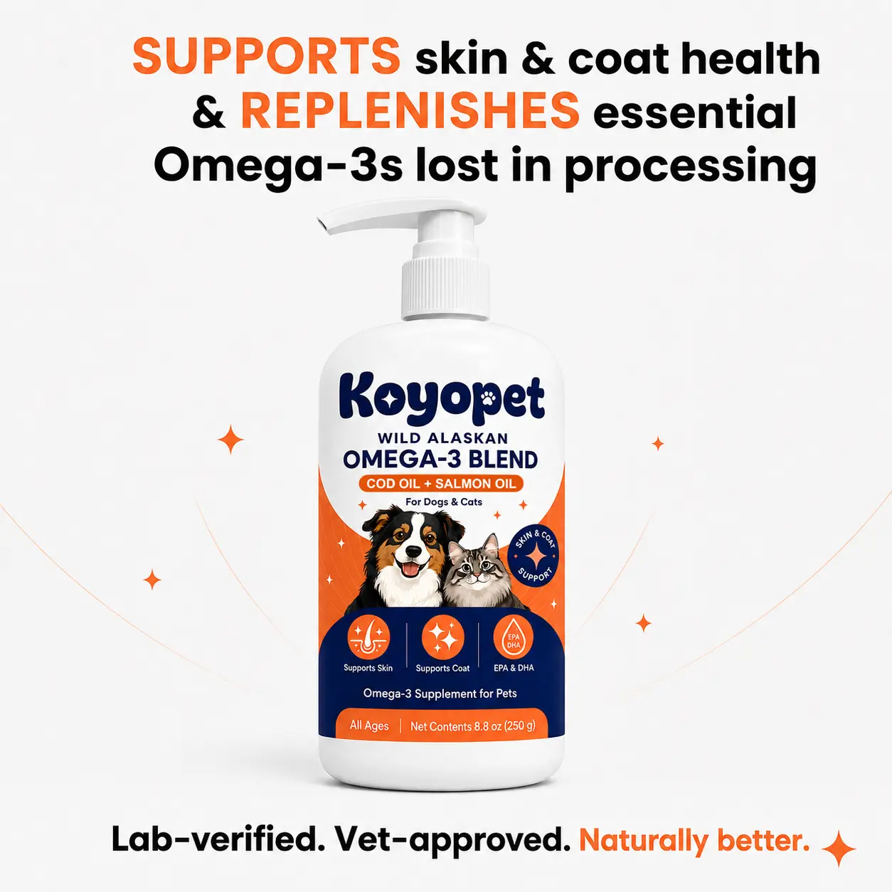 Koyopet Wild Alaskan Omega-3 Blend Pollock + Salmon Oil 250g For Dogs & Cats, EPA & DHA Rich, Skin & Coat Support, All Ages, Vet-Approved