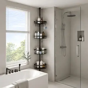 Corner Shower Caddy Tension Pole: Stainless Steel Rustproof 4-Tier Shower Organizer - 47-121 inch Adjustable Bathroom Shelves for Bathtub Shampoo Storage - Tension Rod Floor Standing Bath Rack - Black summergarden
