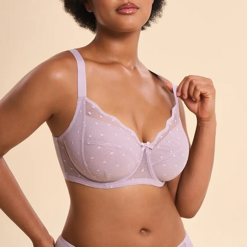 Lacsper Pebble Plus Size Minimizer Bra for Women Polka Dot Lace Full Coverage Underwire Support Non Padded Unlined Comfort