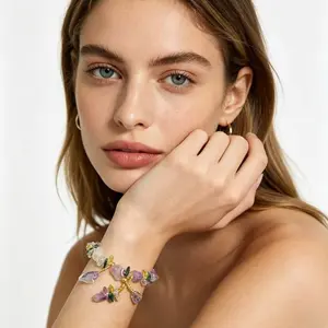 Bogadion Natural Amethyst Chip Beads Stretch Bracelet, Handmade Multi-Color Crystal Jewelry with Heart Charm