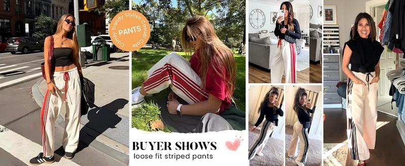 WoodBerry Women's Wide Leg Track Pants Drawstring High Waist Side Stripe Elastic Casual Sweatpants with Pockets Womenswear Slouchy Palazzo Pants
