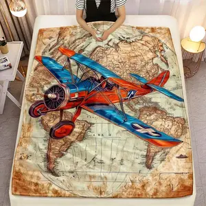 1pc Vintage RAF-Inspired Biplane Aviation Blanket - Soft Flannel-Like Fabric, Lightweight All-Season WWI/Aircraft Design With British Roundels (Red/Blue/White) Bed, Sofa, Travel & Camping - -Themed, 2D Flat