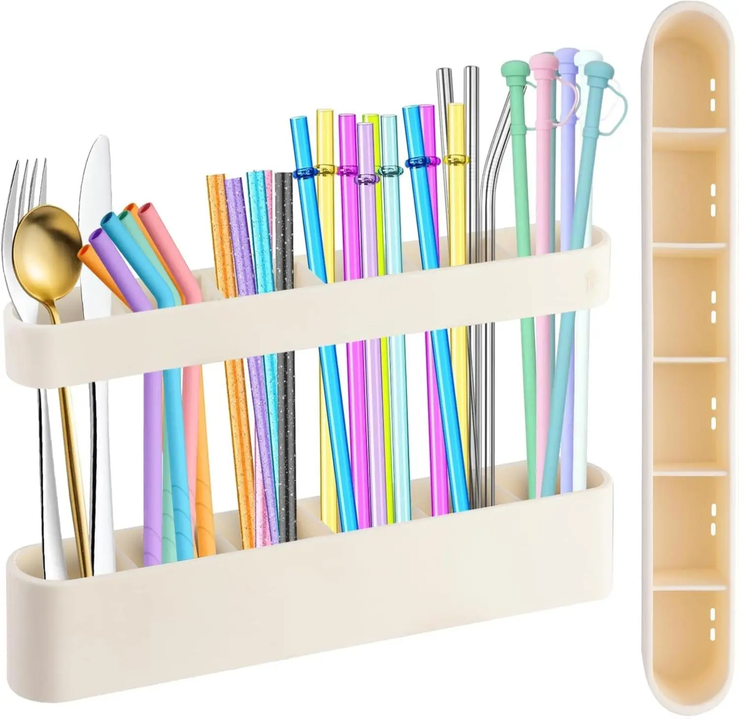 9.6'' Large Straw Holder for Cabinet Door Soft Silicone Straw Organizer Storage Container Space-Saving Reusable Straws Dispenser Kitchen Organizer Accessories for Cabinet Cupboard Counter RVs