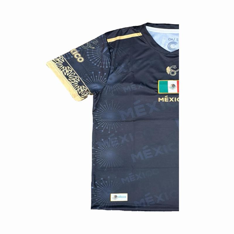 Black and gold Mexico Jersey with Traditional Design and Aztec Pattern for Sports Fans.