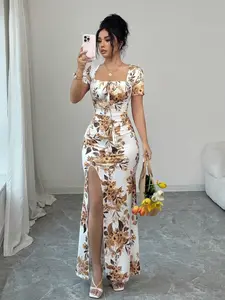 Vintage Floral Square Neck Split Dress, Slim Fit Waist Fish Tail Gown, Wedding, Date Night, Vacation, Coffee Shop Visit