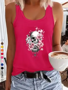 Women's Floral & Skull Print Tank Top, Casual Sleeveless Top for Daily Wear, Ladies Clothes for Summer, Socks