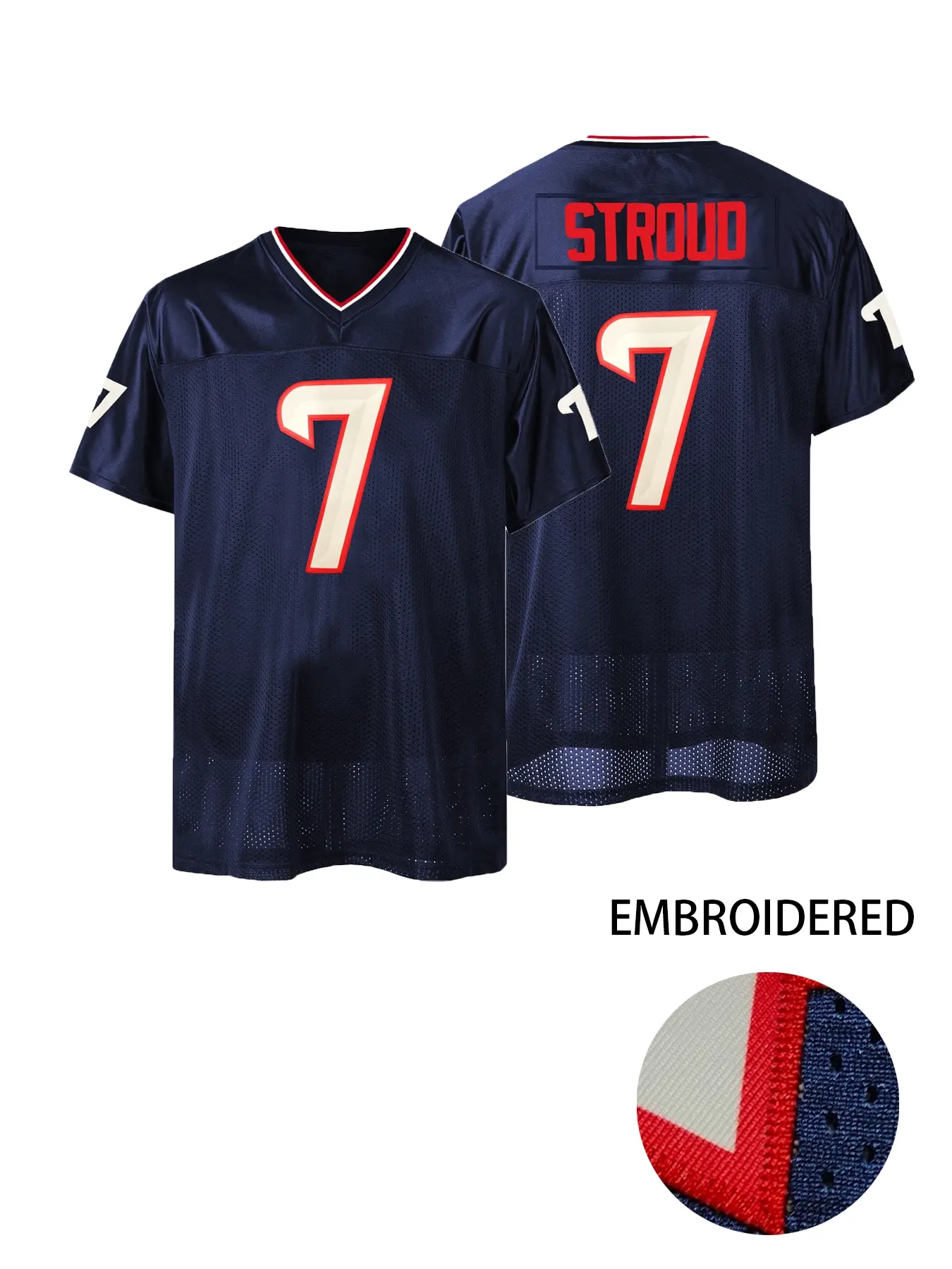 Men's Letter and Number Stitched Football Jersey, V Neck Short Sleeve Mesh Tee Tops Embroidery Sportswear Lightweight Sports Style Jersey Casual Texans #7 Rugby Jersey Shirts
