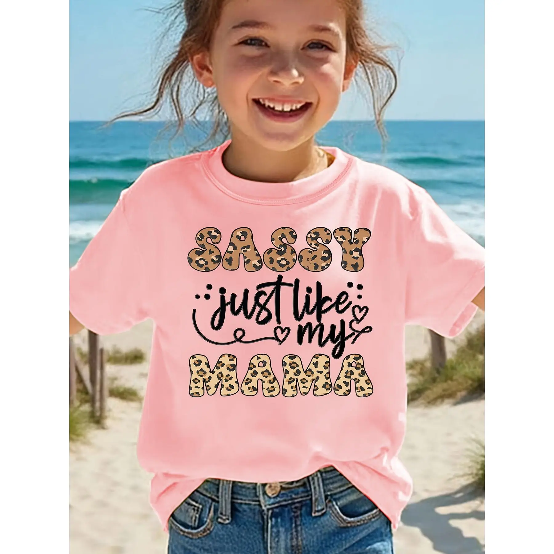 [Leopard Print Sassy T-Shirt] Fashion Girls' Short-Sleeve T-Shirt - Leopard Print & "SASSY just like my MAMA" Lettering Casual Top