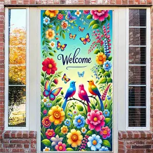 1PC Reusable Polyester 2D Flat Floral Print Door Decor Banner - Welcome-Themed Curtain with Birds, Flowers, Butterflies, Birthday Festive Backdrop Cloth for Home