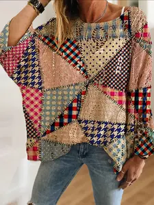 Women's Elegant Geometric Patchwork Triangle Striped Plaid Polka Dot Heart Quilted Knit Hollow Out Top, Casual Vacation Style Sweater